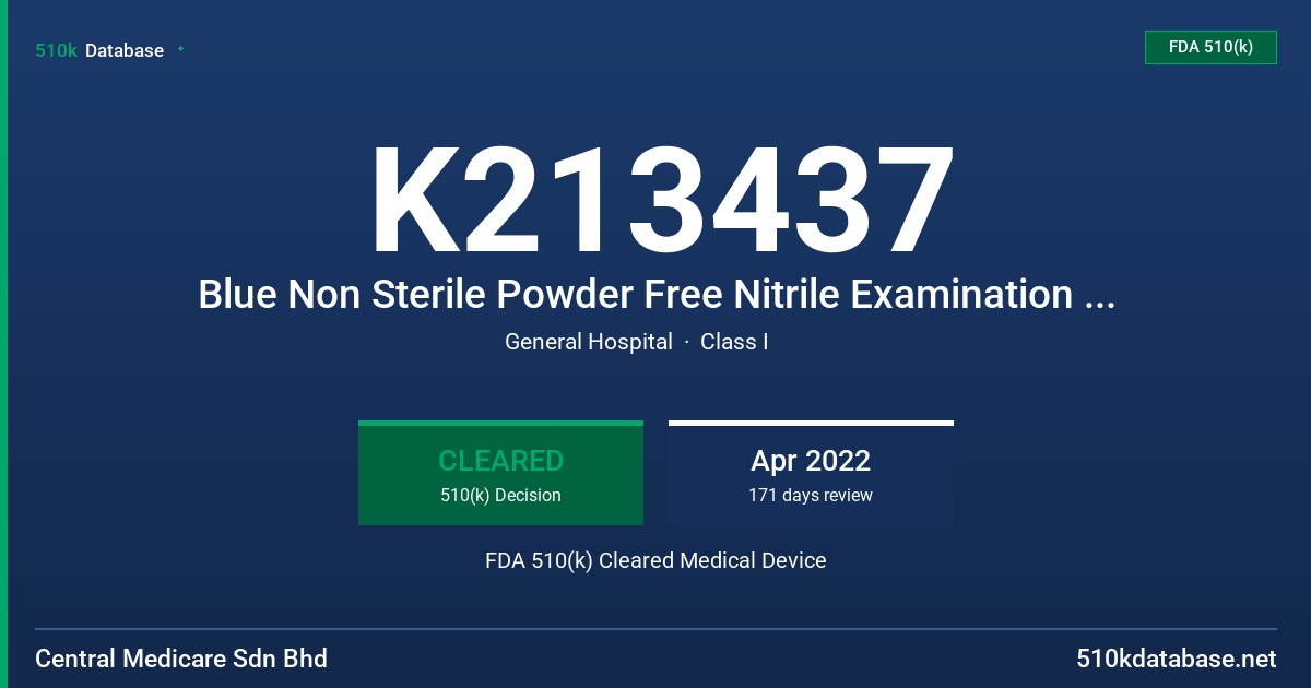 K213437 Blue Non Sterile Powder Free Nitrile Examination Gloves Tested for Use with Chemotherapy Drugs, with Gastric Acid and Fentanyl Permeation Resistance Claims FDA 510(k) Cleared Medical Device