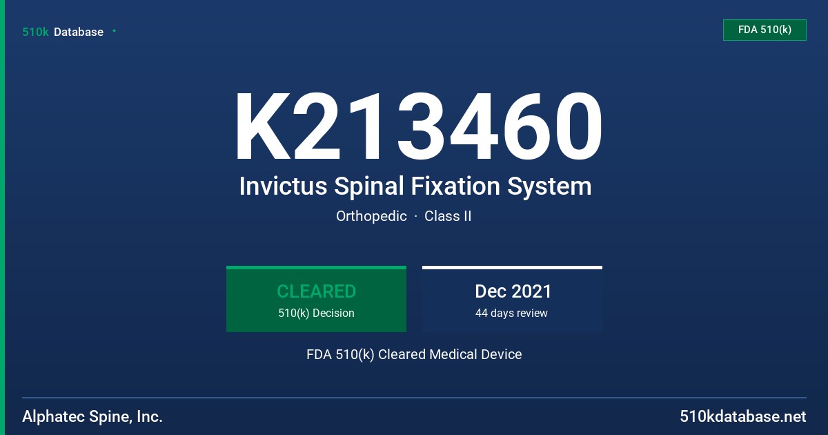 K213460 Invictus Spinal Fixation System FDA 510(k) Cleared Medical Device