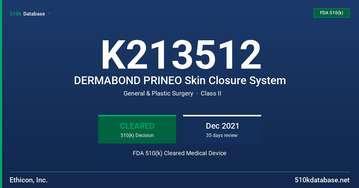 K213512 DERMABOND PRINEO Skin Closure System FDA 510(k) Cleared Medical Device