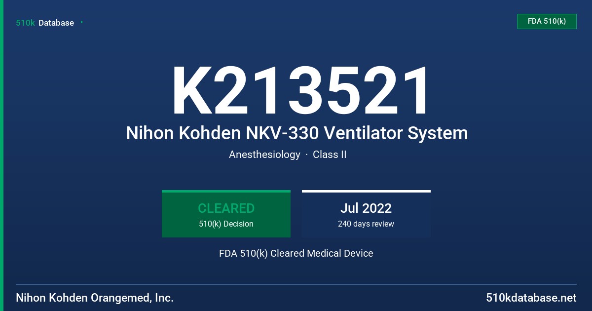 K213521 Nihon Kohden NKV-330 Ventilator System FDA 510(k) Cleared Medical Device