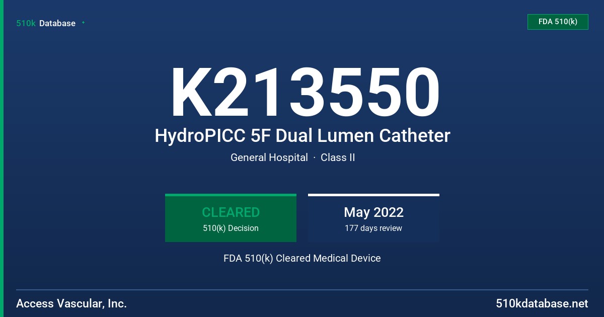 K213550 HydroPICC 5F Dual Lumen Catheter FDA 510(k) Cleared Medical Device