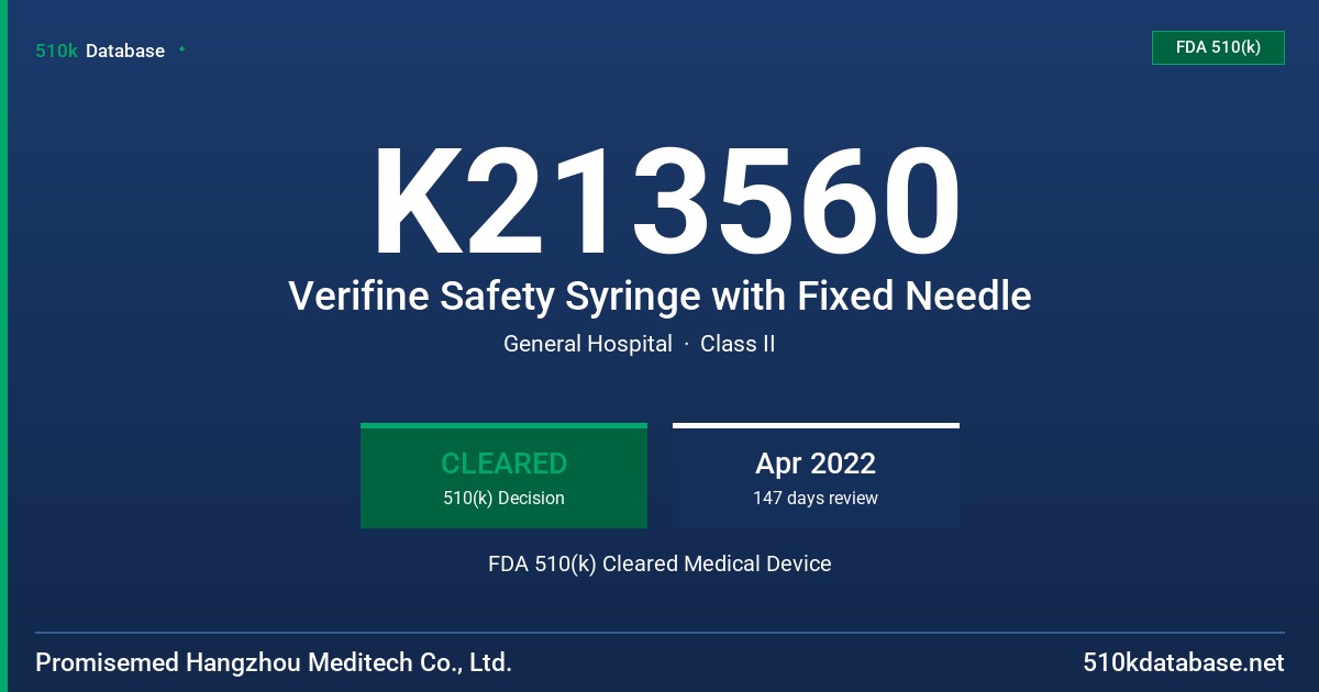 K213560 Verifine Safety Syringe with Fixed Needle FDA 510(k) Cleared Medical Device