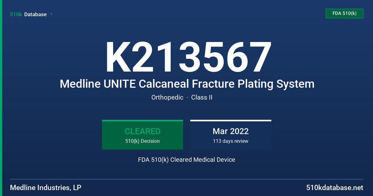 K213567 Medline UNITE Calcaneal Fracture Plating System FDA 510(k) Cleared Medical Device