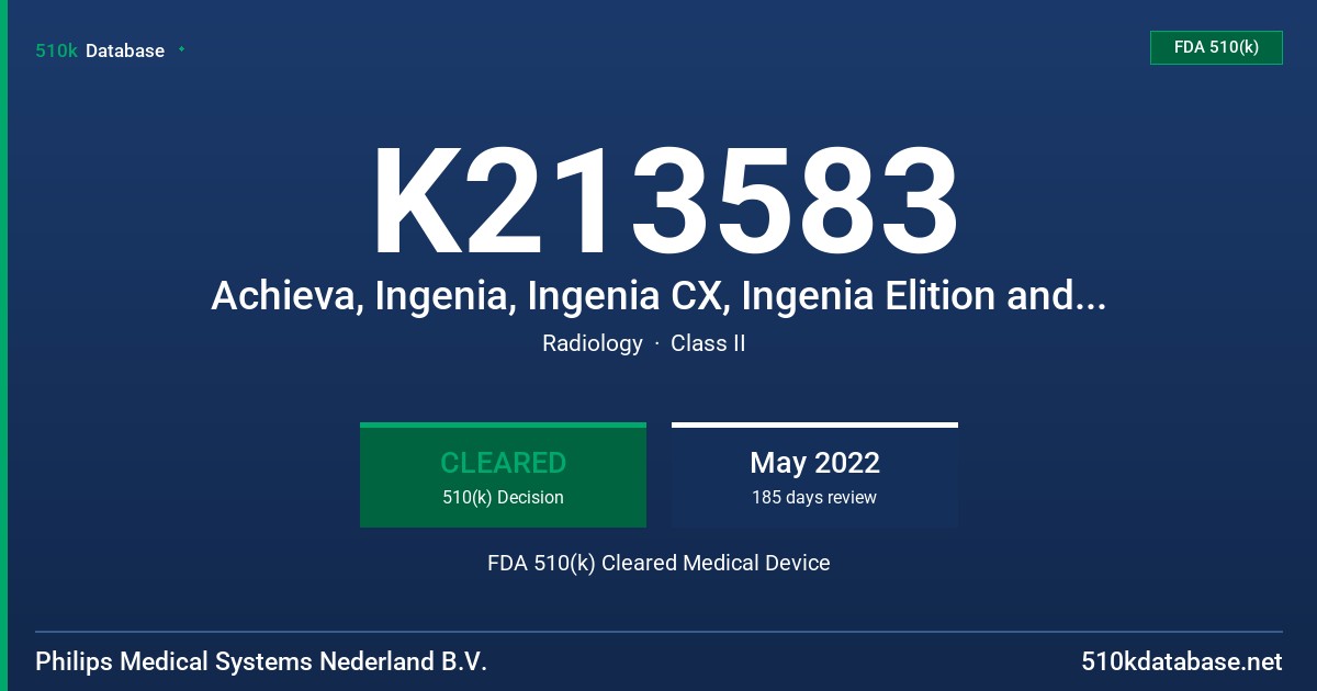 K213583 Achieva, Ingenia, Ingenia CX, Ingenia Elition and Ingenia Ambition MR Systems FDA 510(k) Cleared Medical Device