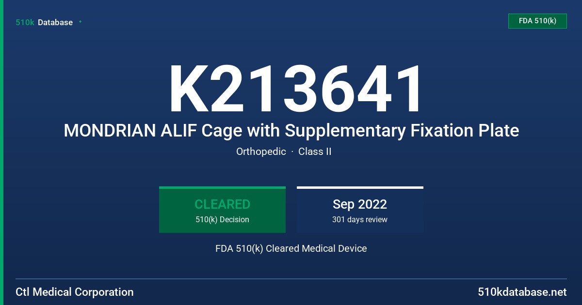 K213641 MONDRIAN ALIF Cage with Supplementary Fixation Plate FDA 510(k) Cleared Medical Device