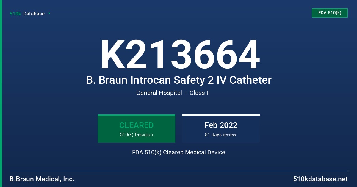 K213664 B. Braun Introcan Safety 2 IV Catheter FDA 510(k) Cleared Medical Device