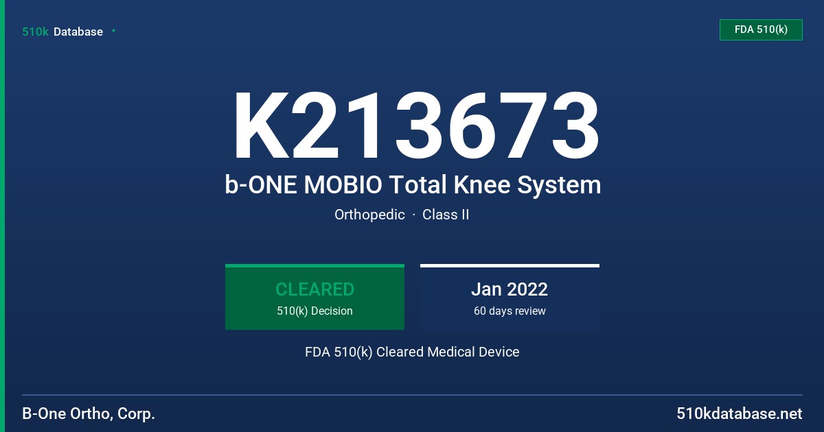 K213673 b-ONE MOBIO Total Knee System FDA 510(k) Cleared Medical Device