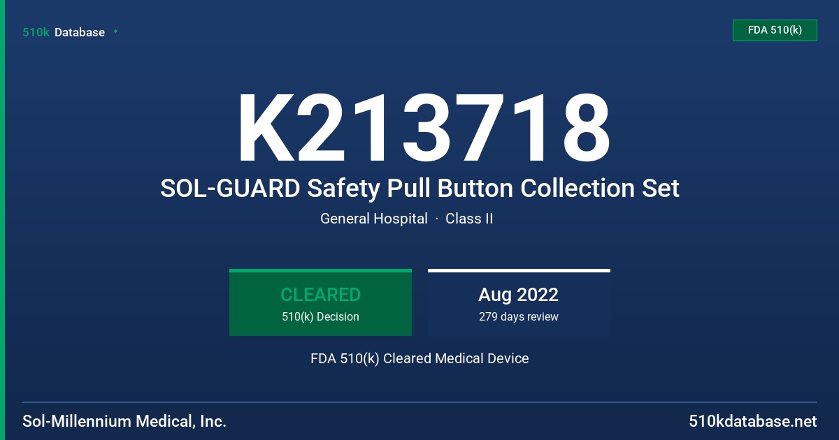 K213718 SOL-GUARD Safety Pull Button Collection Set FDA 510(k) Cleared Medical Device