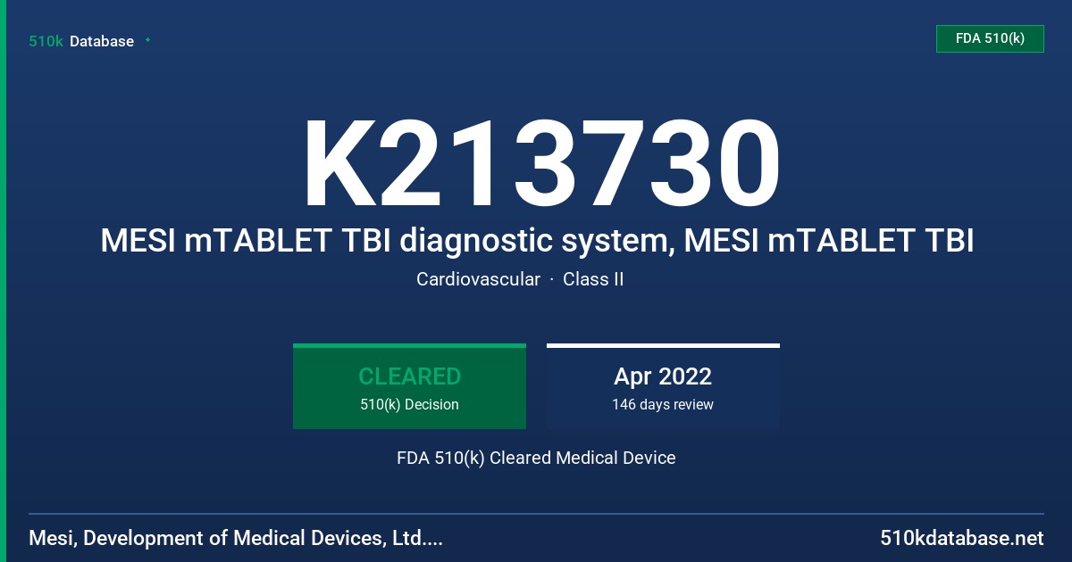 K213730 MESI mTABLET TBI diagnostic system, MESI mTABLET TBI FDA 510(k) Cleared Medical Device