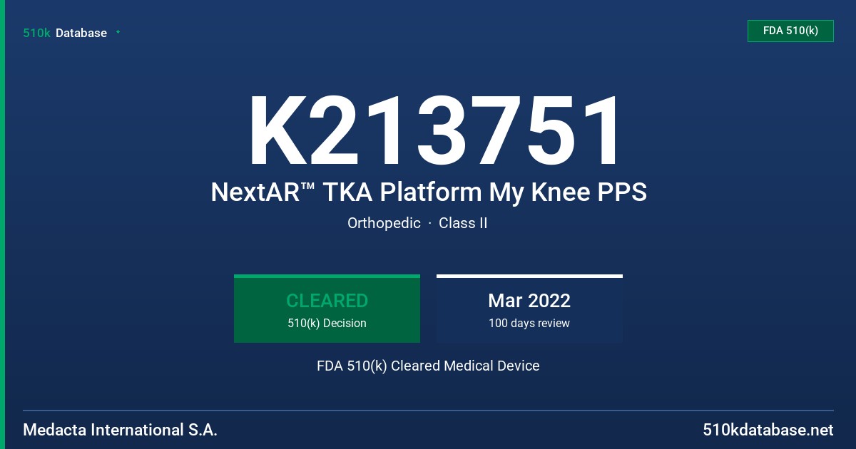 K213751 NextAR™ TKA Platform My Knee PPS FDA 510(k) Cleared Medical Device