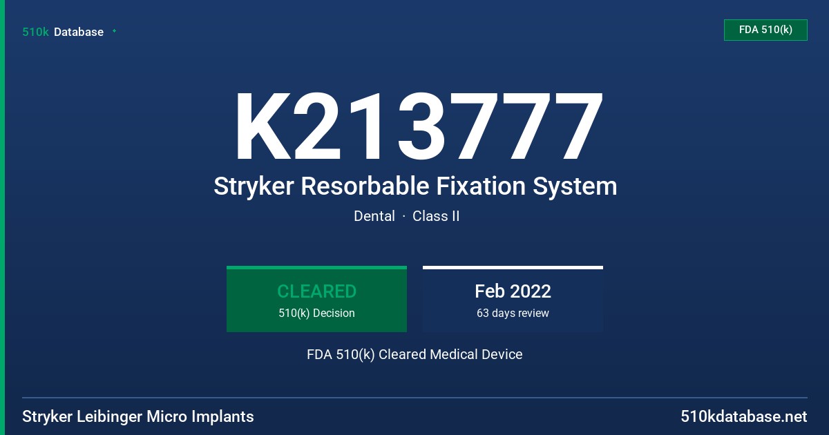 K213777 Stryker Resorbable Fixation System FDA 510(k) Cleared Medical Device
