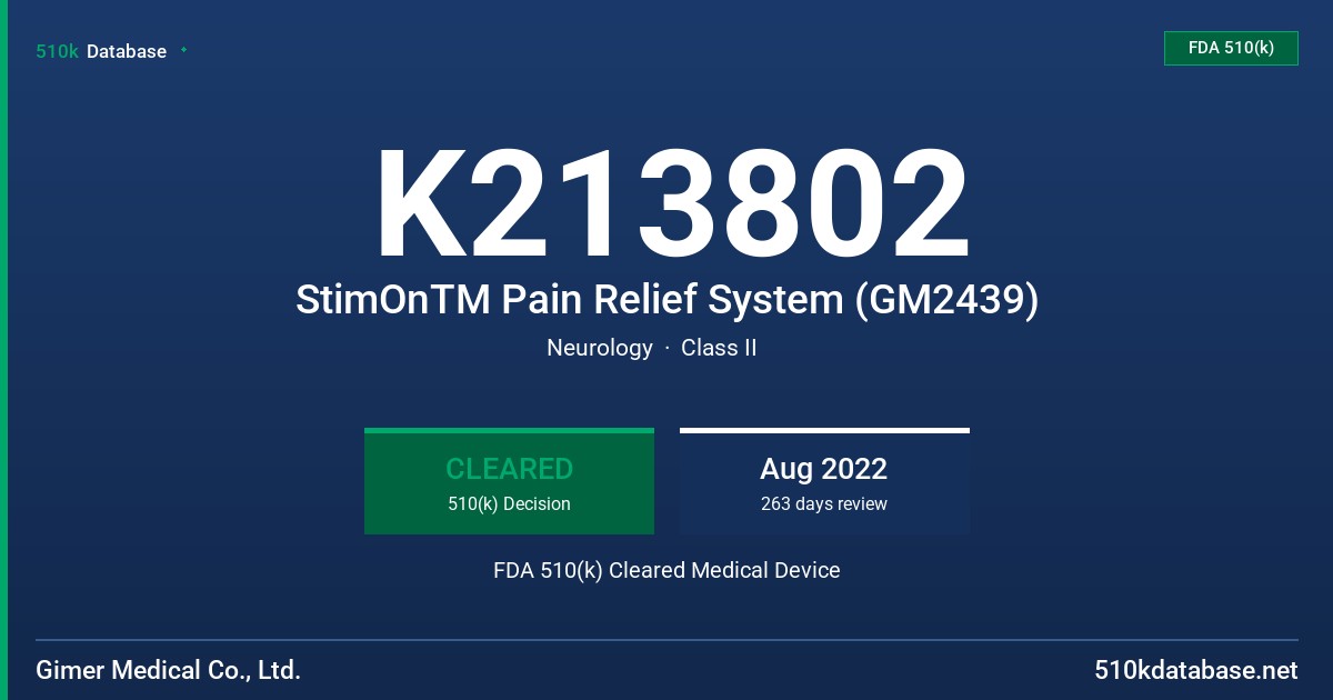 K213802 StimOnTM Pain Relief System (GM2439) FDA 510(k) Cleared Medical Device