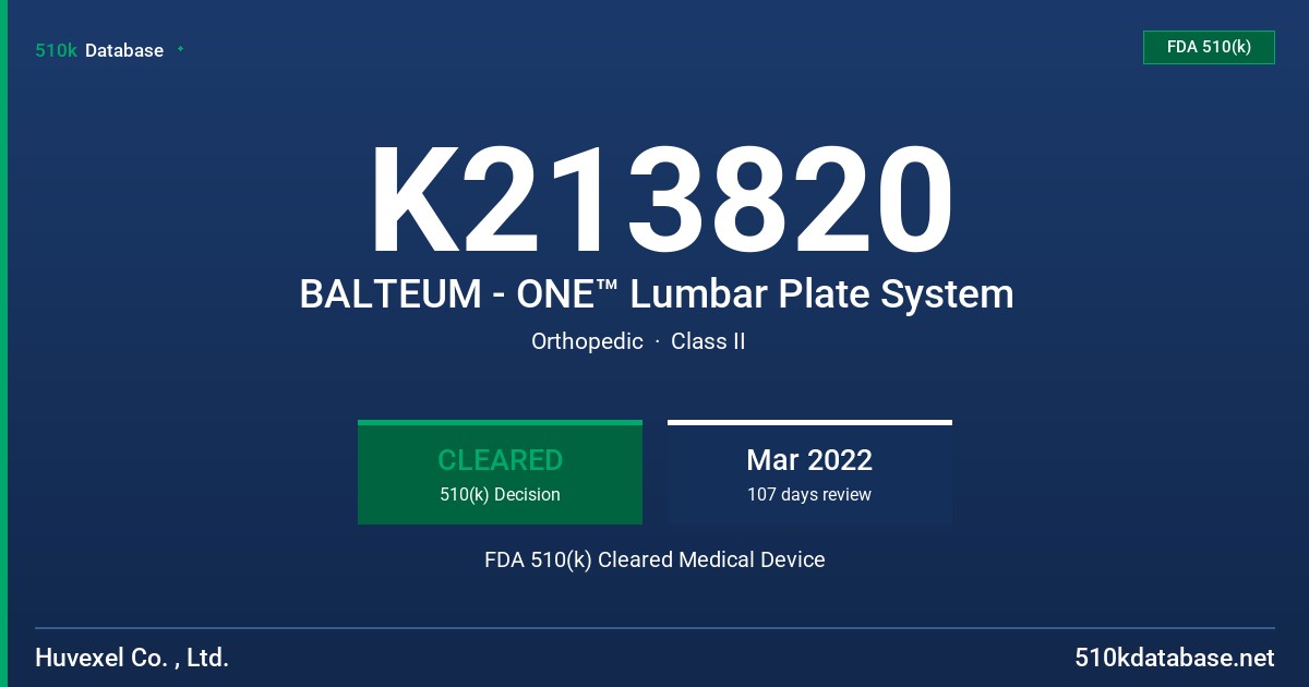K213820 BALTEUM - ONE™ Lumbar Plate System FDA 510(k) Cleared Medical Device