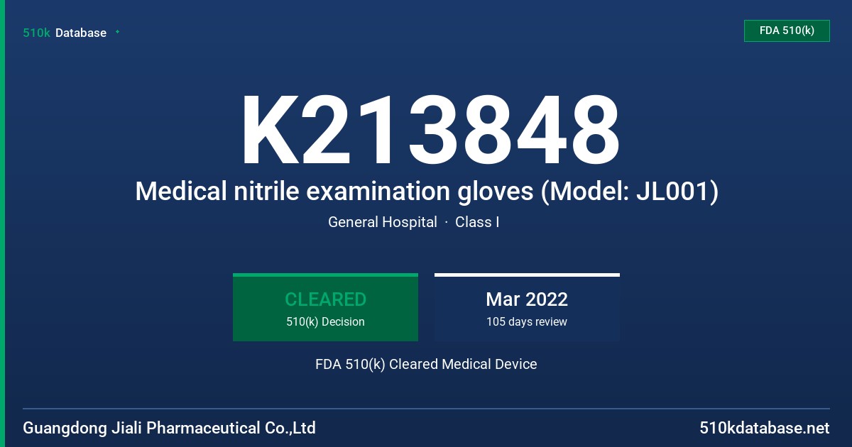 K213848 Medical nitrile examination gloves (Model: JL001) FDA 510(k) Cleared Medical Device