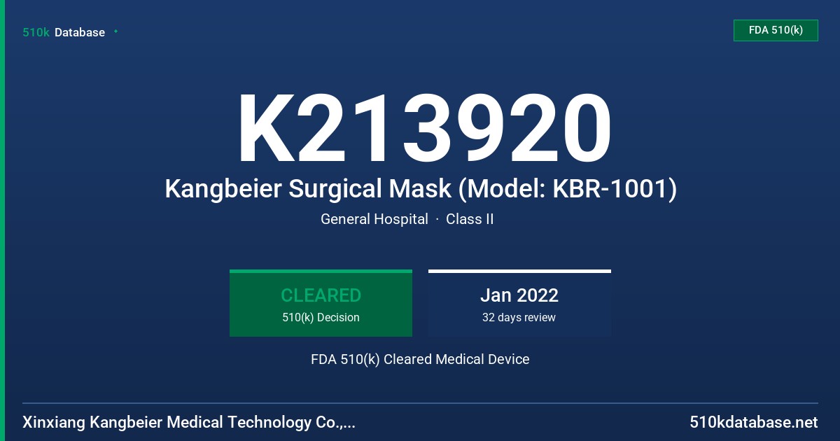 K213920 Kangbeier Surgical Mask (Model: KBR-1001) FDA 510(k) Cleared Medical Device