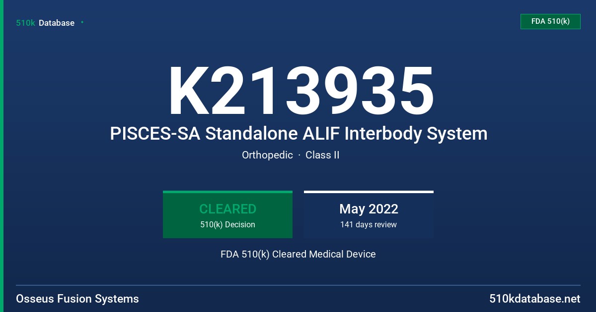 K213935 PISCES-SA Standalone ALIF Interbody System FDA 510(k) Cleared Medical Device