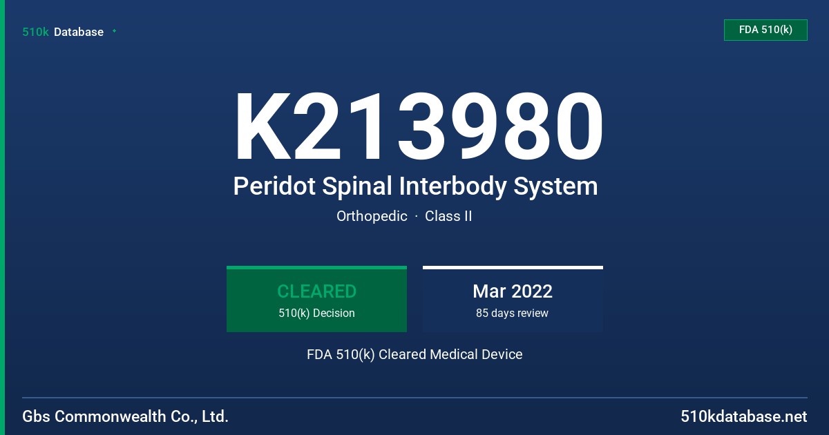 K213980 Peridot Spinal Interbody System FDA 510(k) Cleared Medical Device