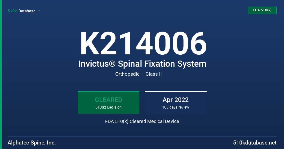 K214006 Invictus® Spinal Fixation System FDA 510(k) Cleared Medical Device