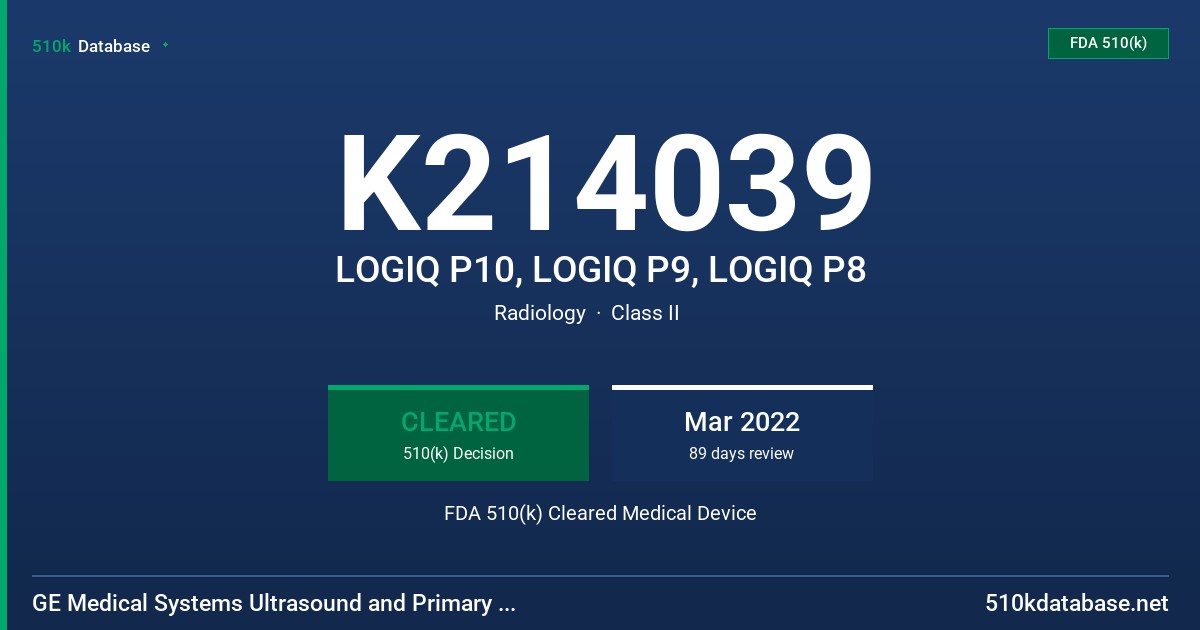 K214039 LOGIQ P10, LOGIQ P9, LOGIQ P8 FDA 510(k) Cleared Medical Device