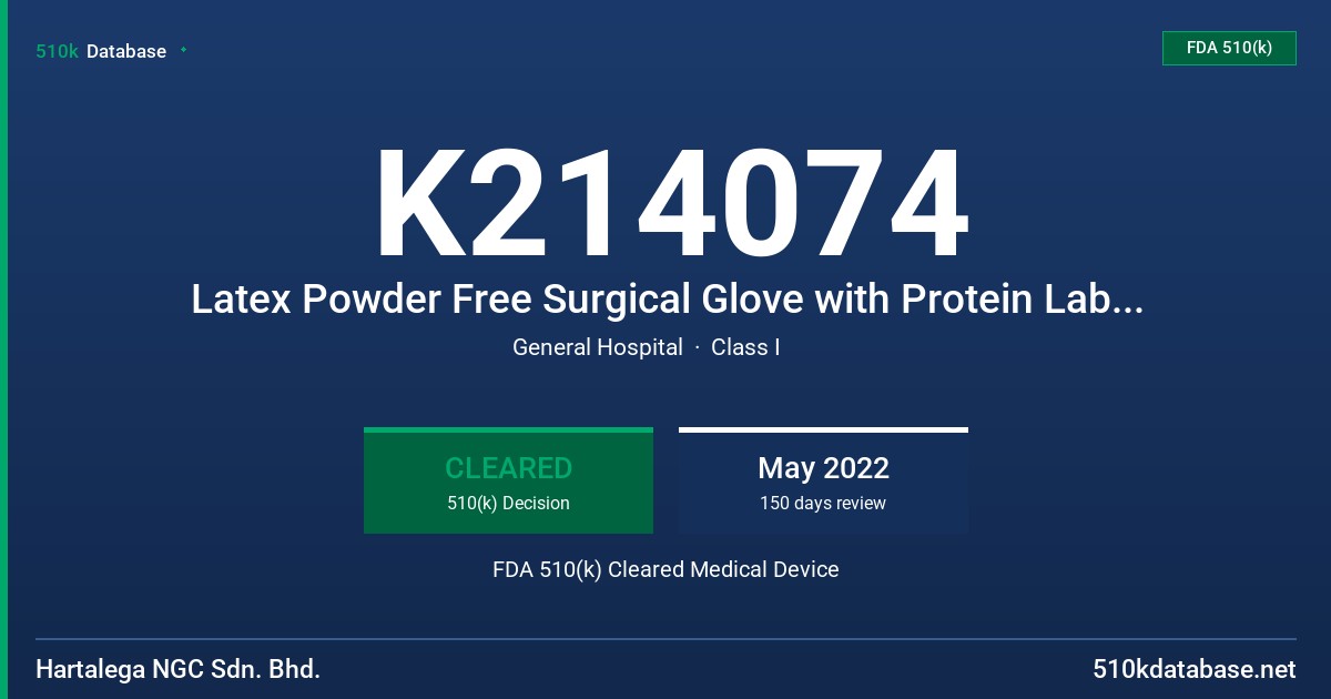 K214074 Latex Powder Free Surgical Glove with Protein Labeling Claim of 50 Microgram or Less per Gram of Glove and Tested for Use with Chemotherapy Drugs FDA 510(k) Cleared Medical Device