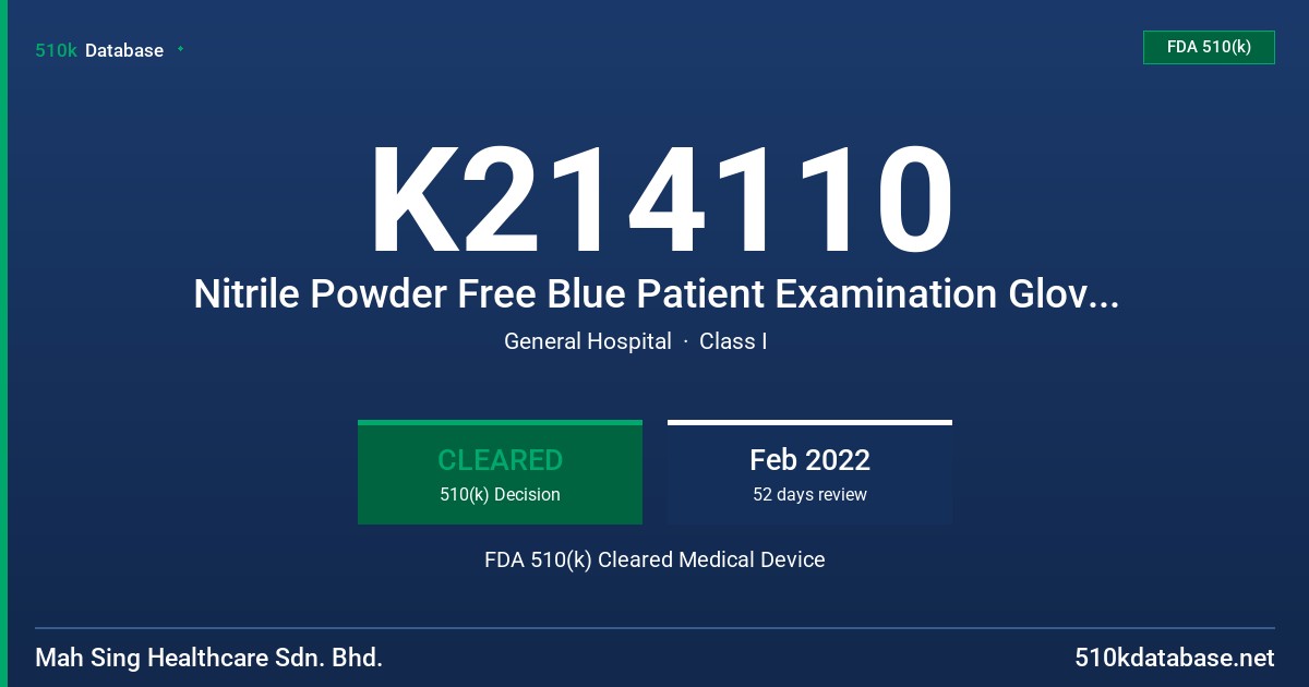K214110 Nitrile Powder Free Blue Patient Examination Gloves Non-Sterile, Tested For Use With Chemotherapy Drugs FDA 510(k) Cleared Medical Device