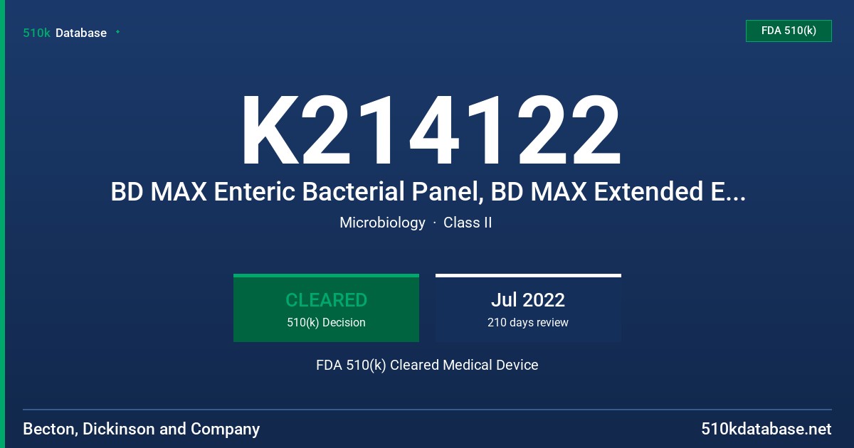 K214122 BD MAX Enteric Bacterial Panel, BD MAX Extended Enteric Bacterial Panel FDA 510(k) Cleared Medical Device