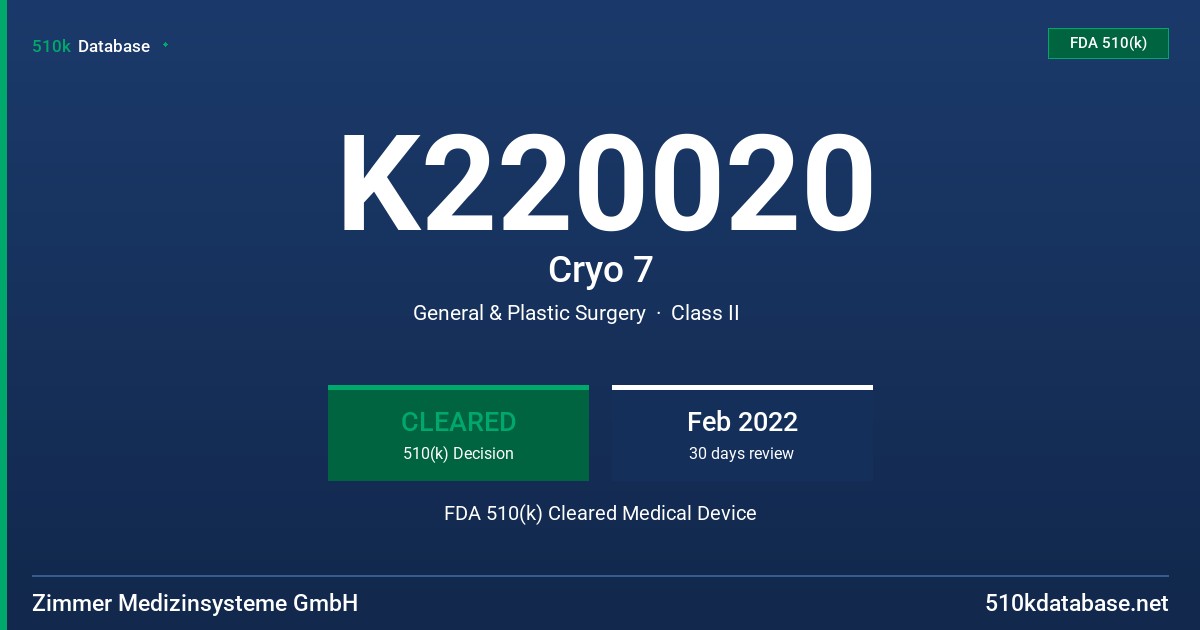 K220020 Cryo 7 FDA 510(k) Cleared Medical Device