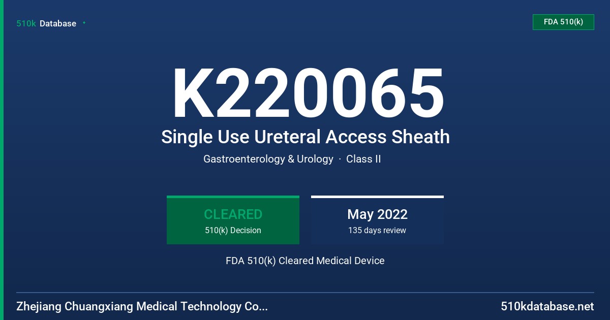 K220065 Single Use Ureteral Access Sheath FDA 510(k) Cleared Medical Device