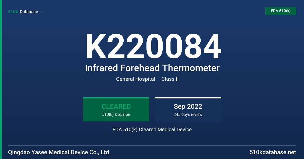 K220084 Infrared Forehead Thermometer FDA 510(k) Cleared Medical Device