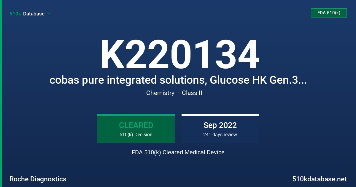 K220134 cobas pure integrated solutions, Glucose HK Gen.3, ISE indirect Na for Gen.2, ONLINE DAT Methadone II, Elecsys TSH FDA 510(k) Cleared Medical Device