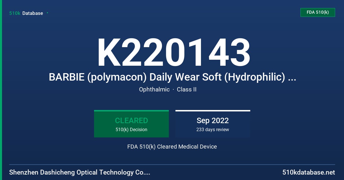 K220143 BARBIE (polymacon) Daily Wear Soft (Hydrophilic) Contact Lens FDA 510(k) Cleared Medical Device