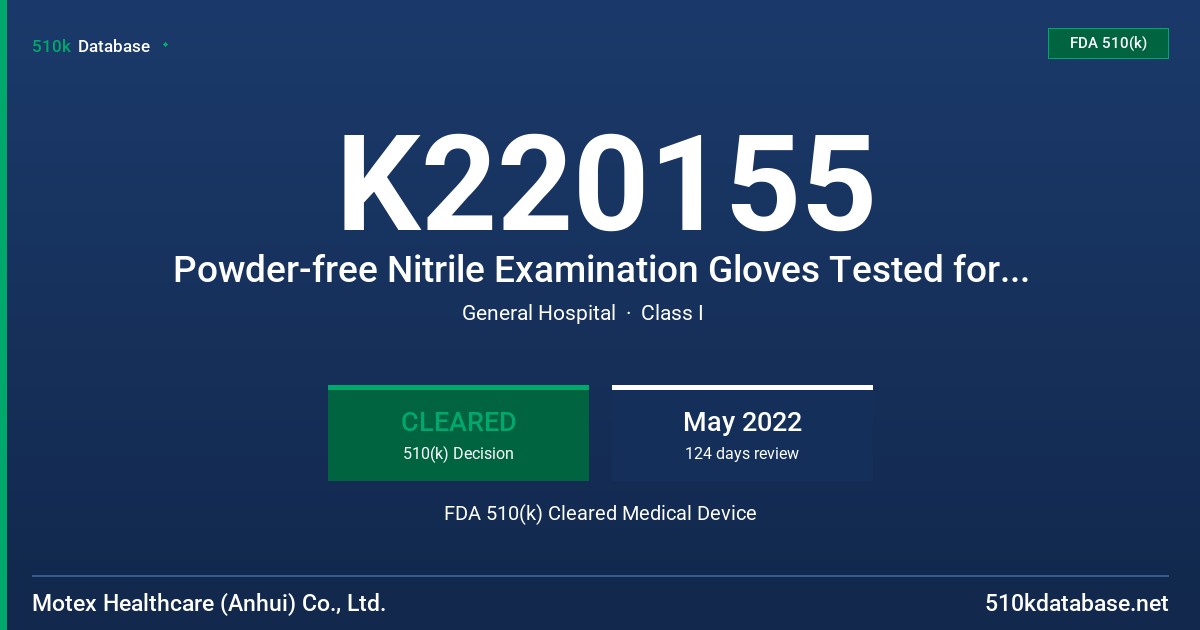 K220155 Powder-free Nitrile Examination Gloves Tested for use with Chemotherapy Drugs FDA 510(k) Cleared Medical Device