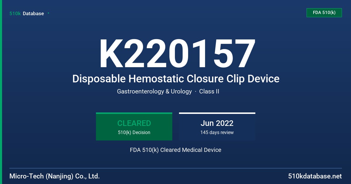 K220157 Disposable Hemostatic Closure Clip Device FDA 510(k) Cleared Medical Device
