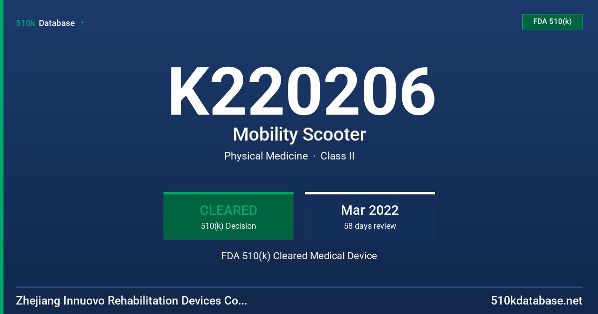 K220206 Mobility Scooter FDA 510(k) Cleared Medical Device
