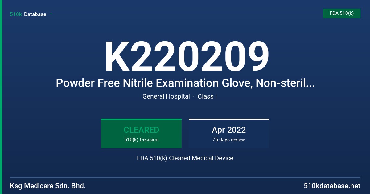 K220209 Powder Free Nitrile Examination Glove, Non-sterile (Blue) FDA 510(k) Cleared Medical Device