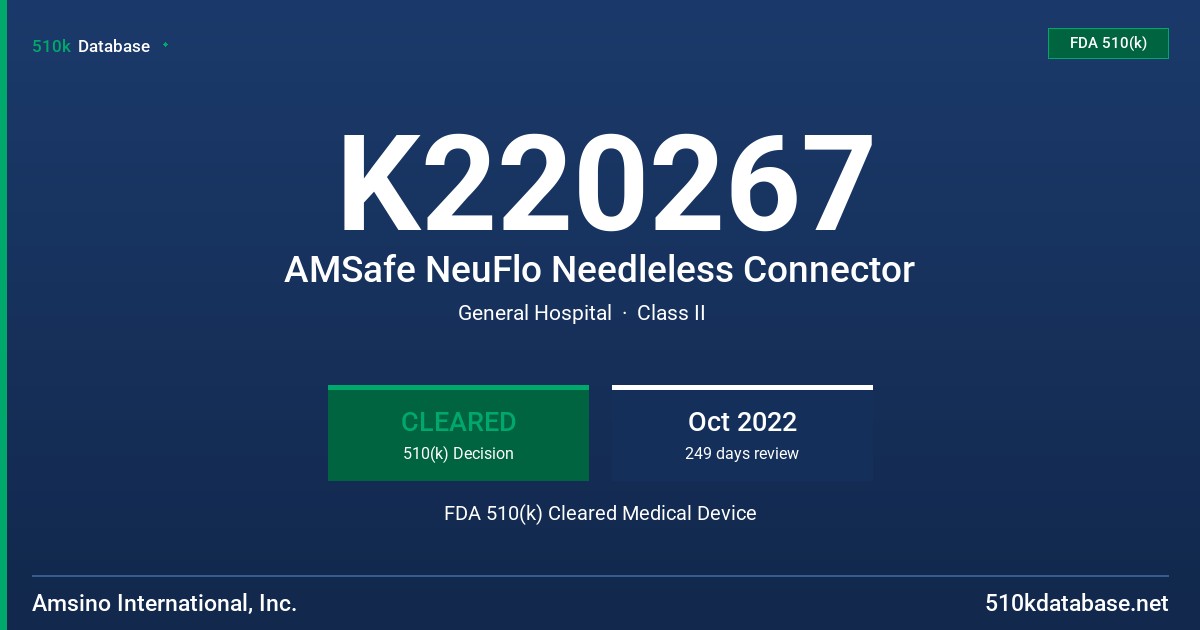 K220267 AMSafe NeuFlo Needleless Connector FDA 510(k) Cleared Medical Device