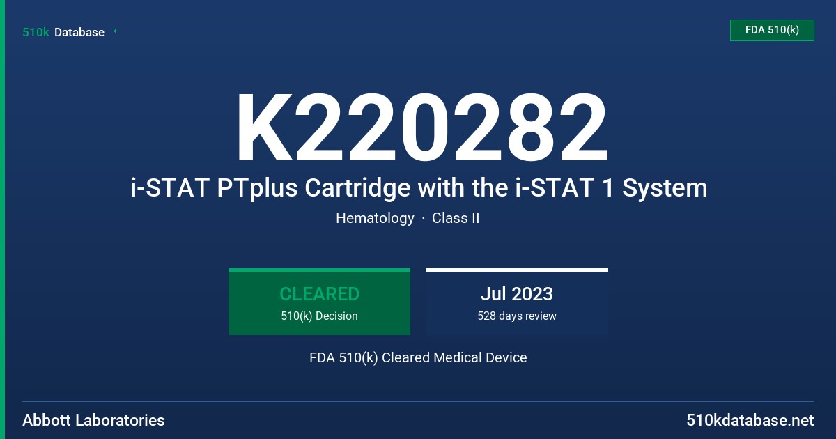 K220282 i-STAT PTplus Cartridge with the i-STAT 1 System FDA 510(k) Cleared Medical Device