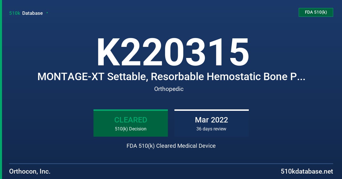 K220315 MONTAGE-XT Settable, Resorbable Hemostatic Bone Putty FDA 510(k) Cleared Medical Device