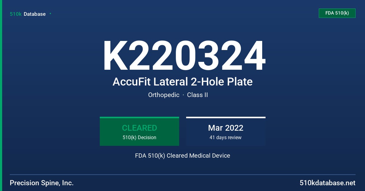 K220324 AccuFit Lateral 2-Hole Plate FDA 510(k) Cleared Medical Device