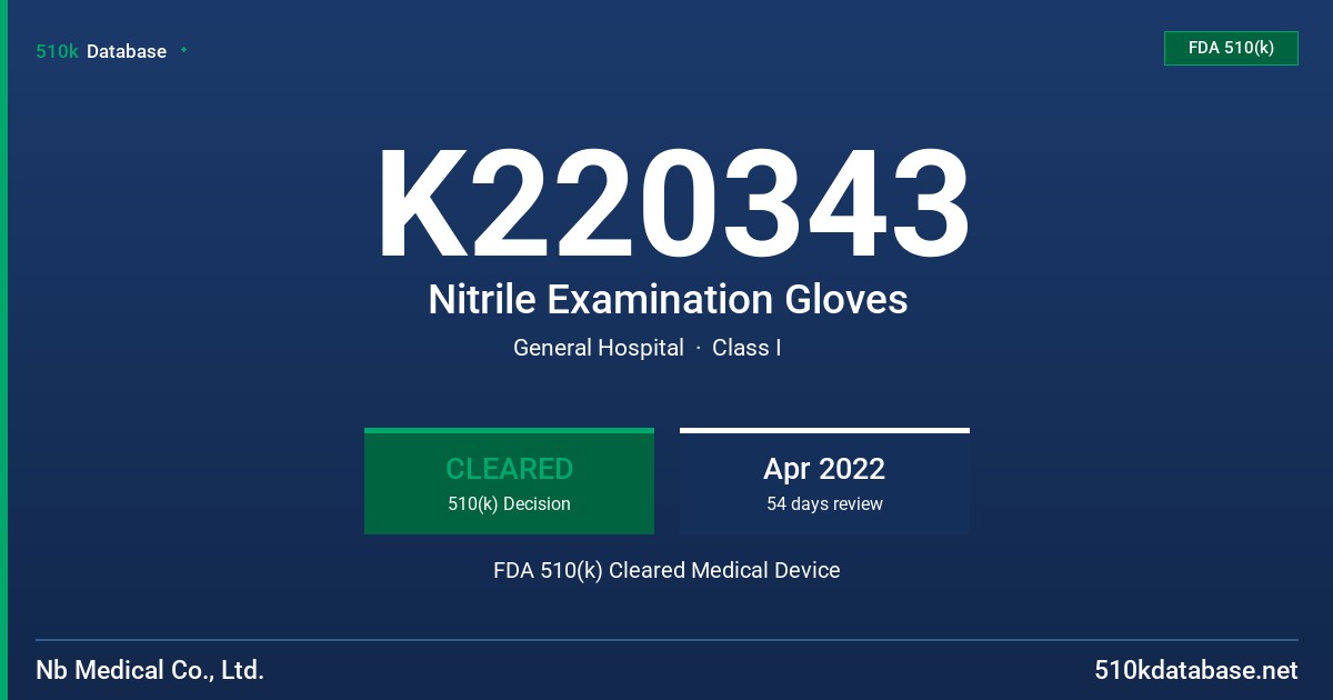 K220343 Nitrile Examination Gloves FDA 510(k) Cleared Medical Device