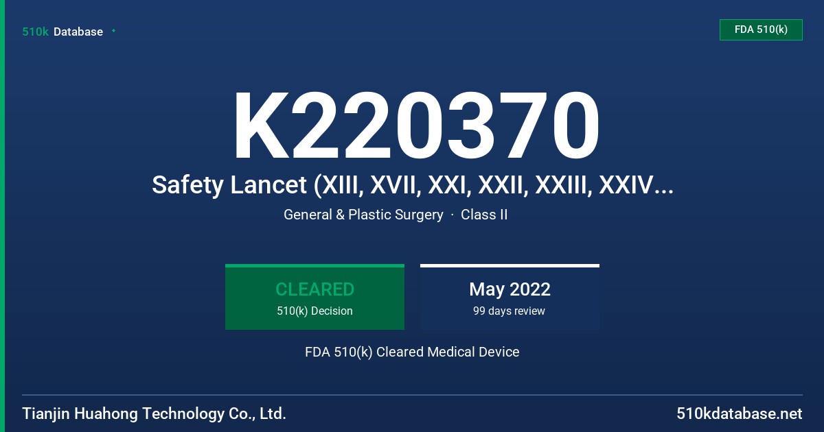 K220370 Safety Lancet (XIII, XVII, XXI, XXII, XXIII, XXIV, XXV, XXVI) FDA 510(k) Cleared Medical Device