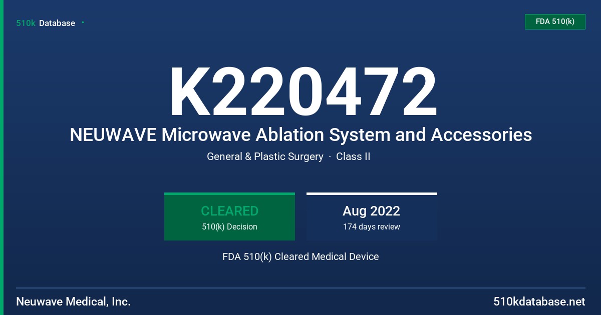 K220472 NEUWAVE Microwave Ablation System and Accessories FDA 510(k) Cleared Medical Device