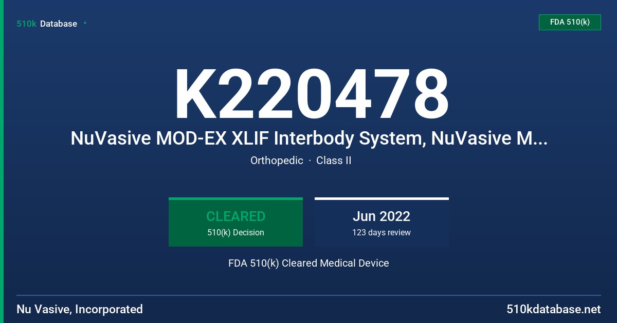 K220478 NuVasive MOD-EX XLIF Interbody System, NuVasive MOD-EX XLIF Plated 2.0 Interbody System FDA 510(k) Cleared Medical Device