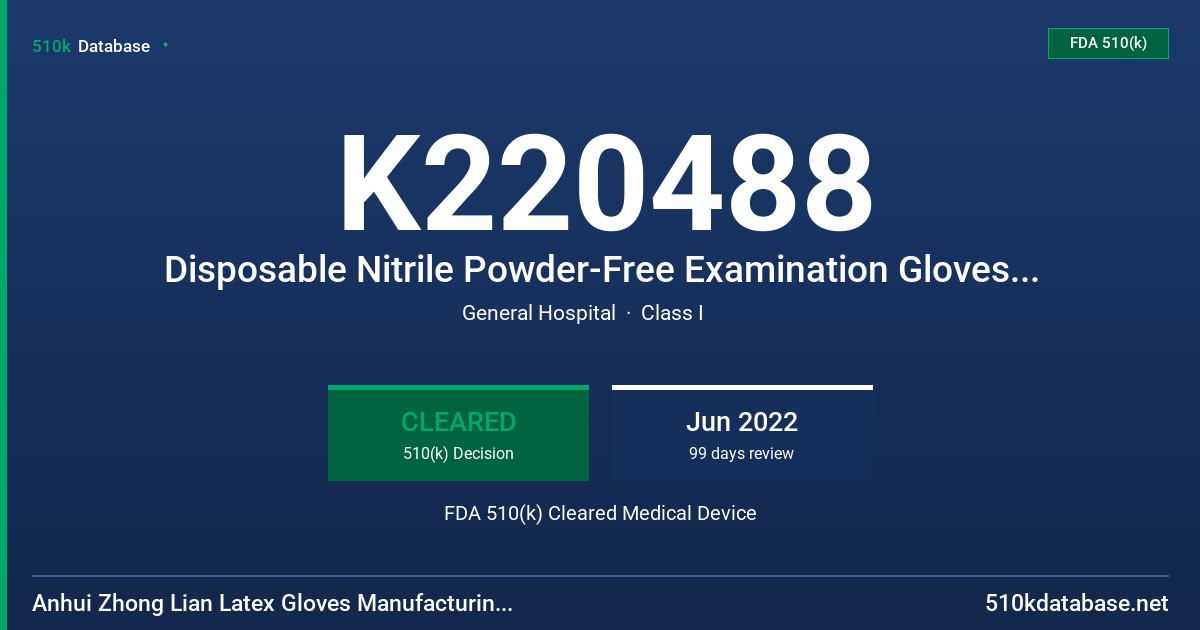 K220488 Disposable Nitrile Powder-Free Examination Gloves (Tested for Use with Chemotherapy Drugs) FDA 510(k) Cleared Medical Device