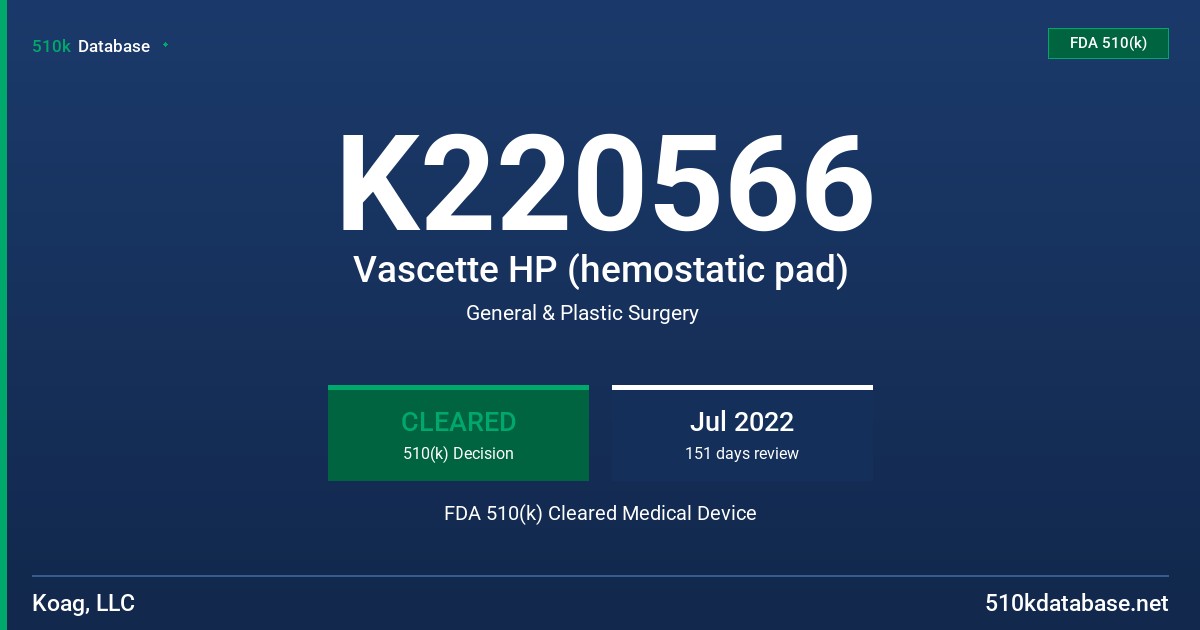 K220566 Vascette HP (hemostatic pad) FDA 510(k) Cleared Medical Device