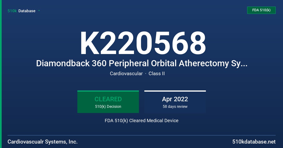 K220568 Diamondback 360 Peripheral Orbital Atherectomy System, Stealth 360 Peripheral Orbital Atherectomy System, Diamondback 360 Peripheral Orbital Atherectomy System Exchangeable Series FDA 510(k) Cleared Medical Device