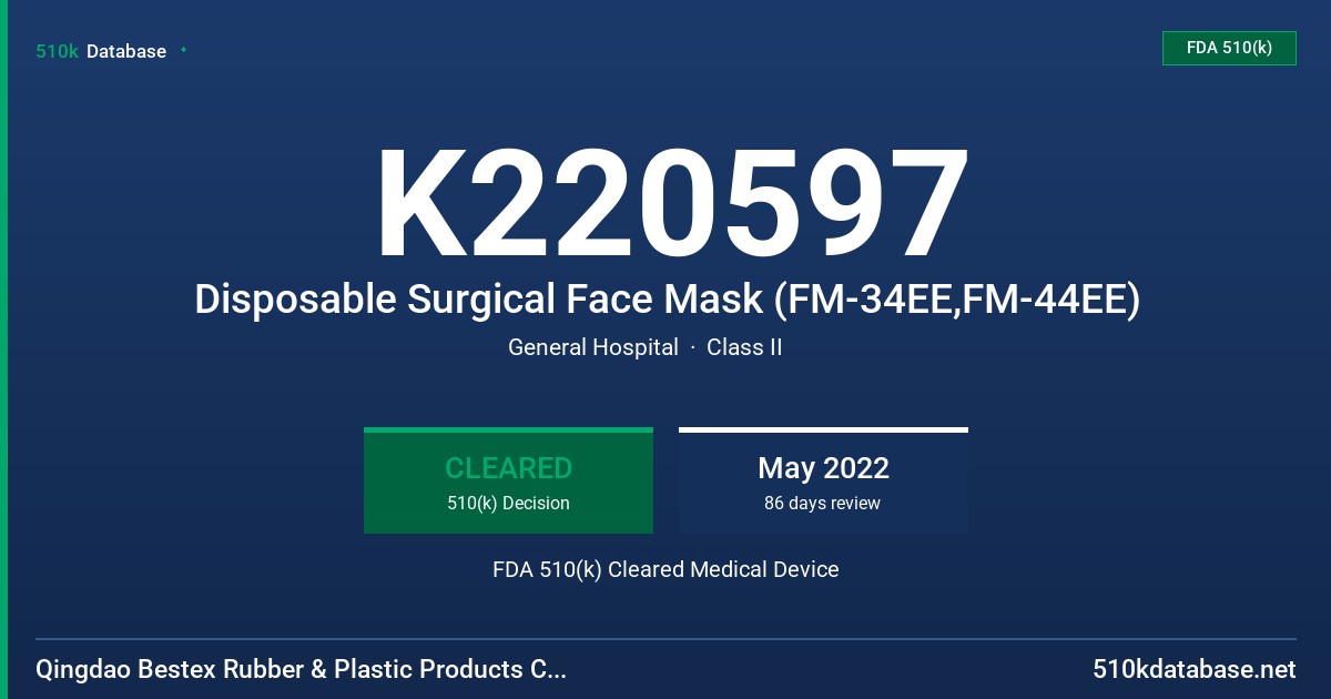 K220597 Disposable Surgical Face Mask (FM-34EE,FM-44EE) FDA 510(k) Cleared Medical Device