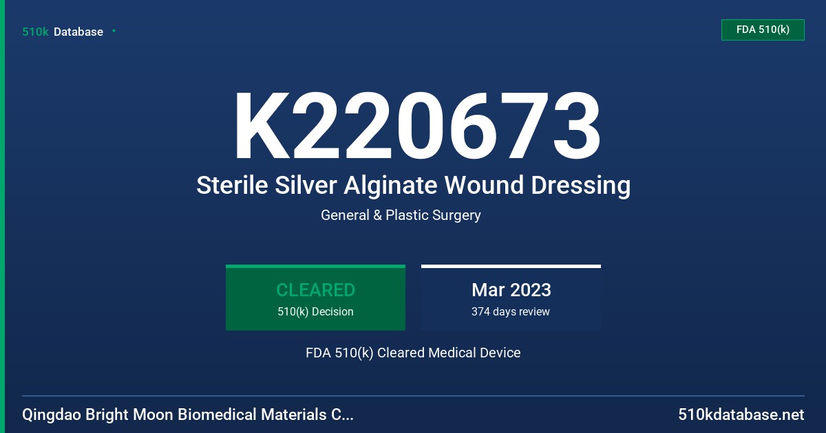 K220673 Sterile Silver Alginate Wound Dressing FDA 510(k) Cleared Medical Device