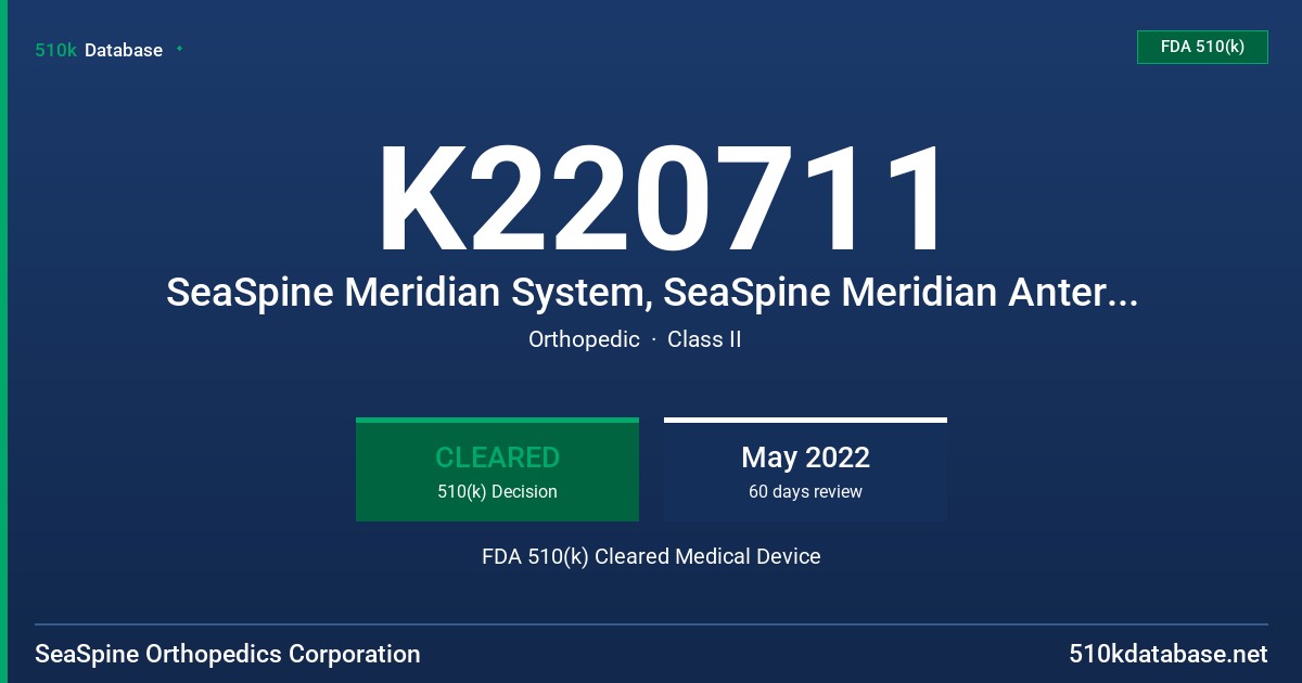 K220711 SeaSpine Meridian System, SeaSpine Meridian Anterior Plate System FDA 510(k) Cleared Medical Device