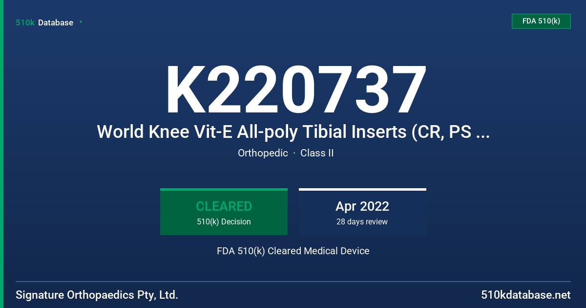 K220737 World Knee Vit-E All-poly Tibial Inserts (CR, PS and UC), World Knee Vit-E Meniscal Inserts (CR, PS and UC) FDA 510(k) Cleared Medical Device